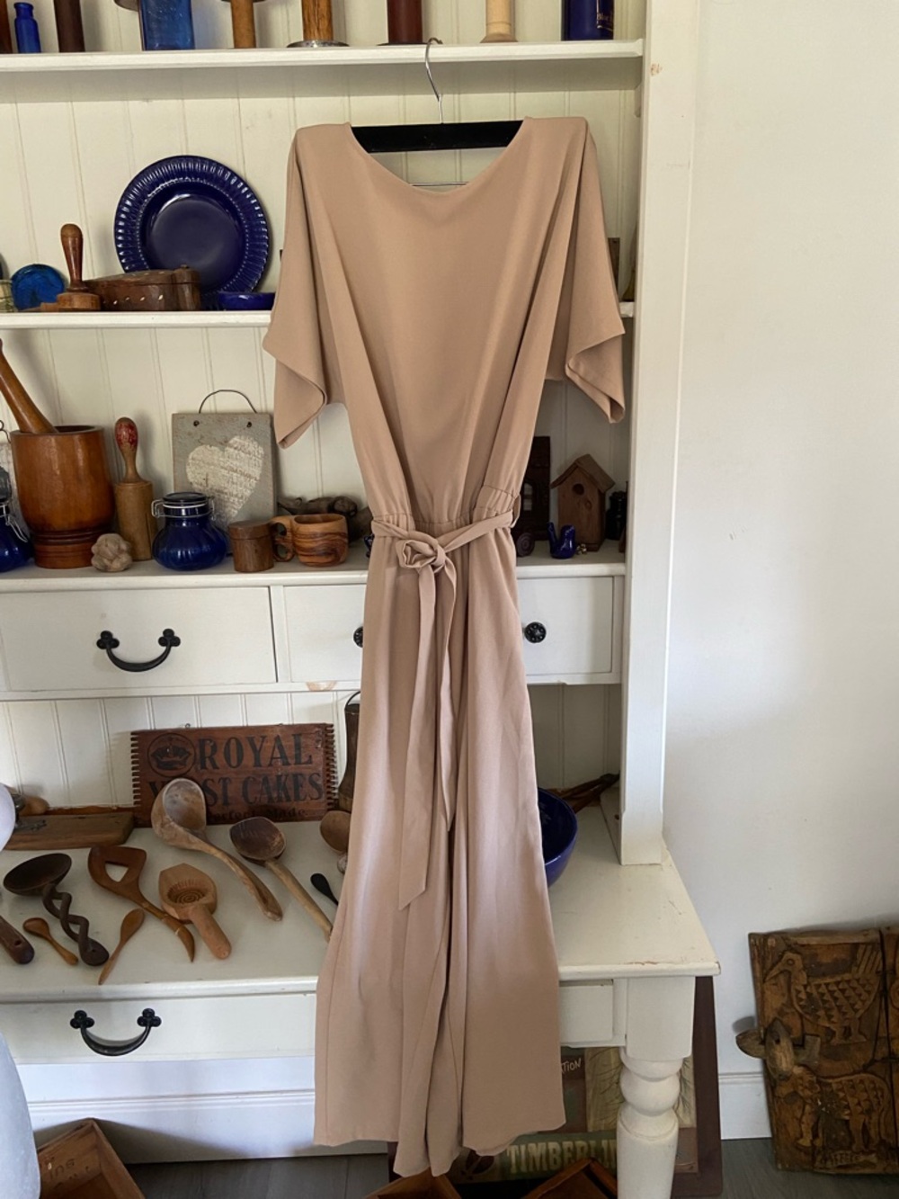 Elegant Neutral Beige Belted Midi Dress